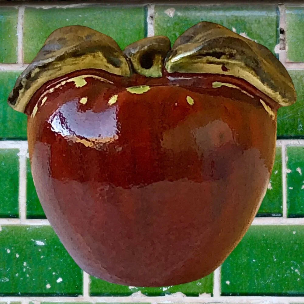 Ceramic Red Apple Fruit Pottery Decoration Green Stem Hand Painted